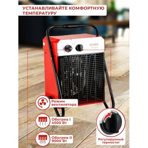 Тепловые пушки Ресанта ТЭП-9000 67/1/4 Тепловая электрическая пушка { квадратная, 380В, вентилятор/4500/9000 Вт, 12,1 кг }
